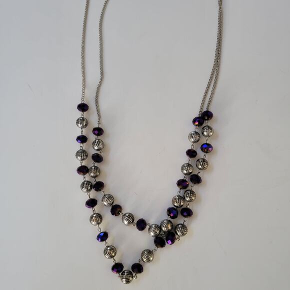Purple Beaded Necklace with Silver Accent Long Chain Boho Jewelry Statement Gift - Picture 3 of 10